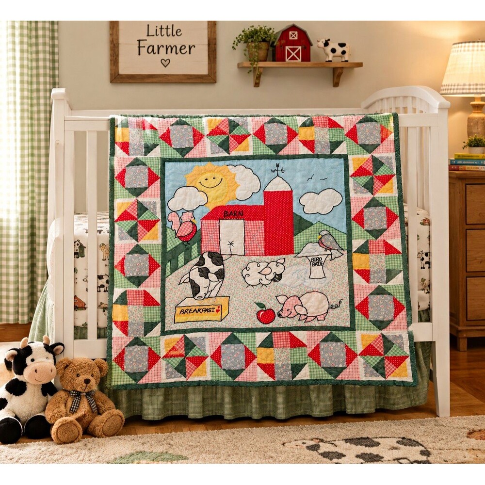 Vintage Barnyard Animals Quilt, Hand Embroidered, Wall Hanging & Crib Blanket